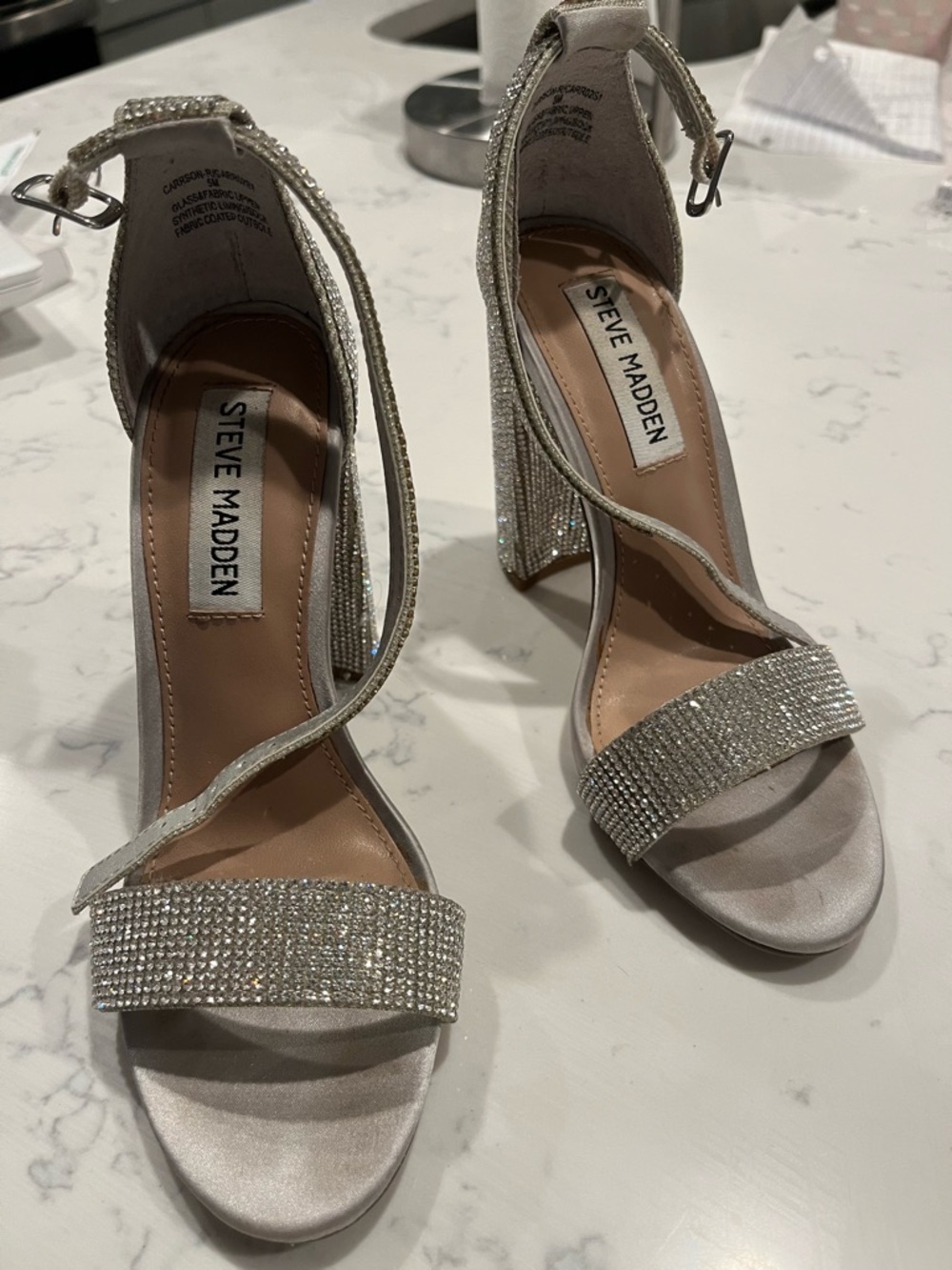 Steve Madden Silver Crystal Ankle-Strap Block Heels